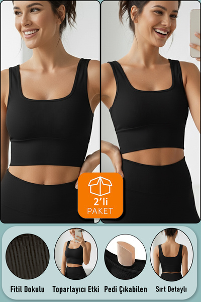 LoremLavida 2 Pieces Crop Tank Top Padded Sports Bra 100% Cotton Black