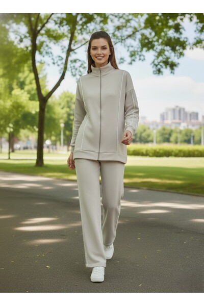 NERA GİYİM طقم رياضي نسائي من مودال بحزام مزدوج وسحاب واسع الساق حواف أسطوانية