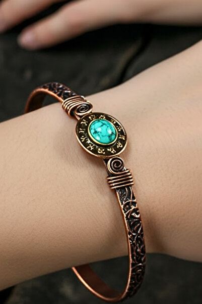 Otto Man Steel Jewelry Kadın Bakır Bileklik Doğal Turkuaz Firuze Taşlı On İki...