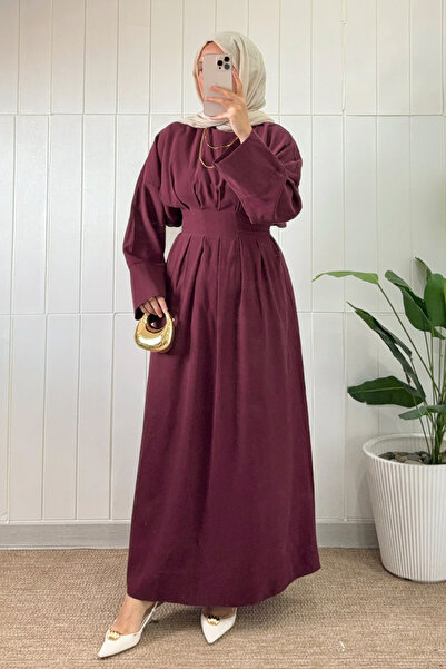 Salih Çelebi فستان بتفاصيل طيات عند الخصر 5521 - أحمر داكن