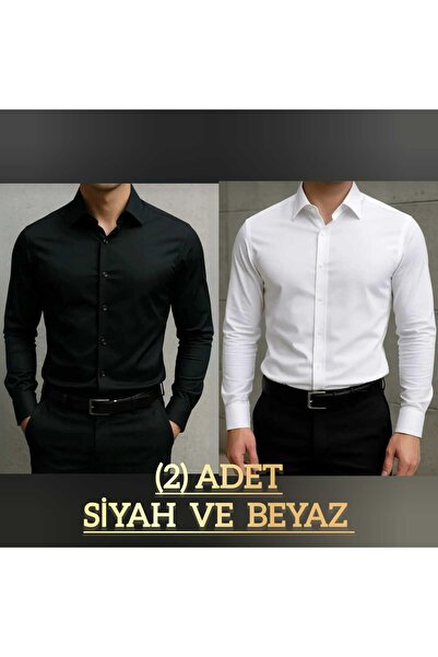 Ramires Men's White and Black [2 Pieces] Slim Fit Slim Fit Straight Hard Collar Long Sleeve Shirt