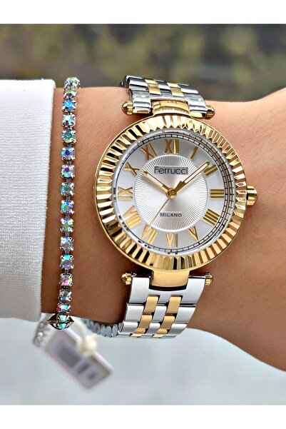 Ferrucci ساعة يد نسائية معدنية ذهبية وفضية بأرقام رومانية