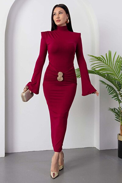 PULLIMM Mock Neck Long Sleeve Dress with Belt Np300