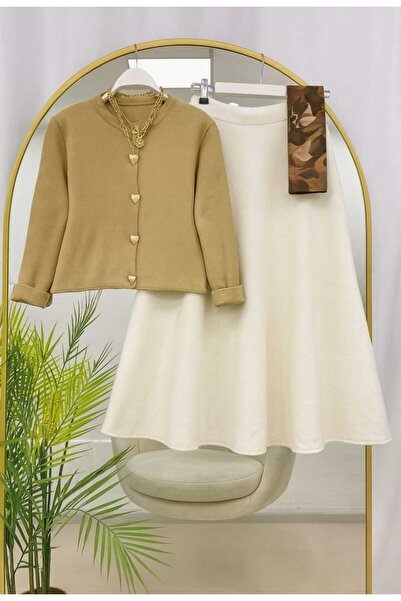 MODA VEDAT Women's Heart Buttoned Knitwear Cardigan Skirt Set -56 Beige-White