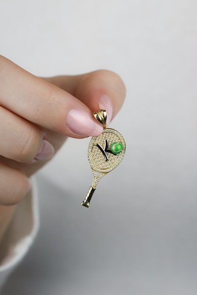 Coy Diamond 14 Ayar Altın Tenis Raketi Kolye,Kişiye Özel Harf Detaylı,Tenis R...