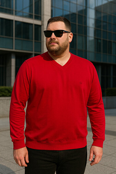 Maccali Men's Casual Plus Size Loose Red V-Neck Sweater