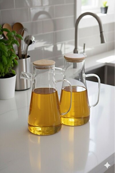 Hitfoni Borosilikat Masterchef Glass Oil Bottle with Bamboo Lid Set of 2 900 Ml+900 ml