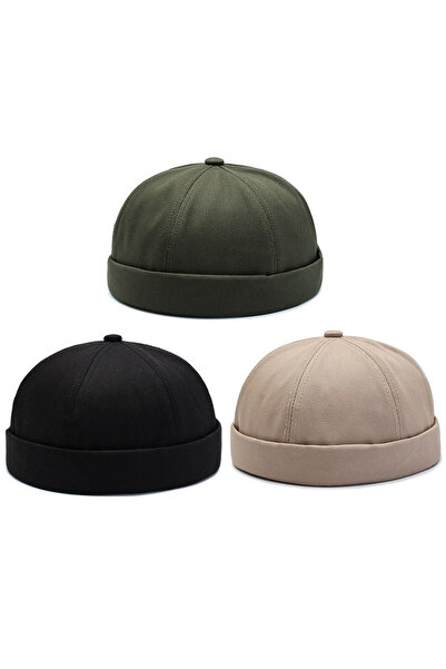 Rupen Kraft Set of 3 100% Cotton Cap Adjustable Docker Hat Summer Skullcap Hat Retro Hat Skullcap Hat