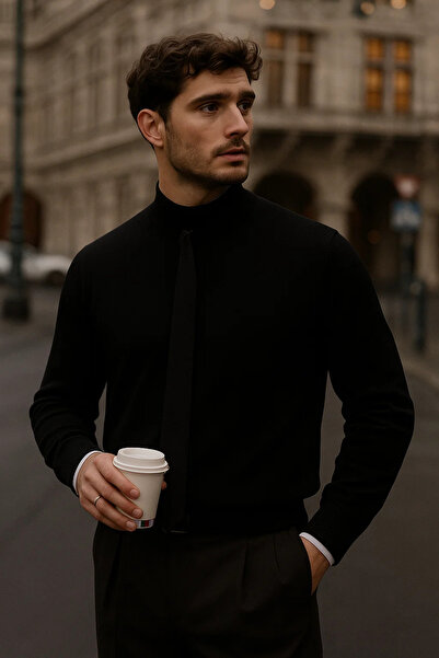 COMBİNE MİCHAİL Men's Long Sleeve High Neck Loose Black Knit Sweater