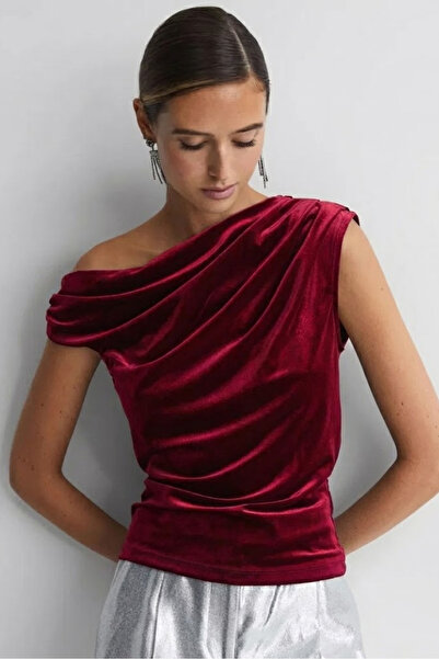 World Fashion Trends Wft2907B Single Shoulder Wide Collar Velvet Blouse