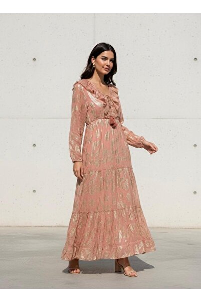 Rabiossa فستان نسائي طويل بياقة مكشكشة مستورد