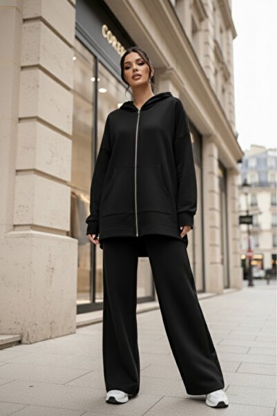 eyyebelle طقم نسائي مكون من قطعتين من قماش المودال مع جيب كنغر وسحاب