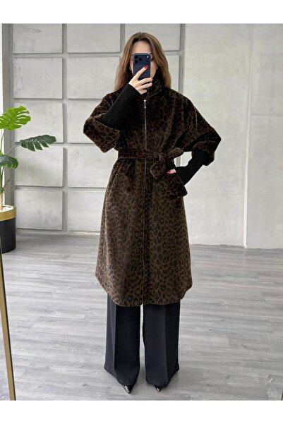 Coral 70040-1 Bileği Geniş Lastikli Leopar Kürk Kaban Kahve