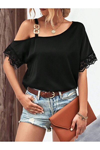 Wear Up Women's One Shoulder Strap Short Sleeve Buckle Detailed Lace Viscose ...