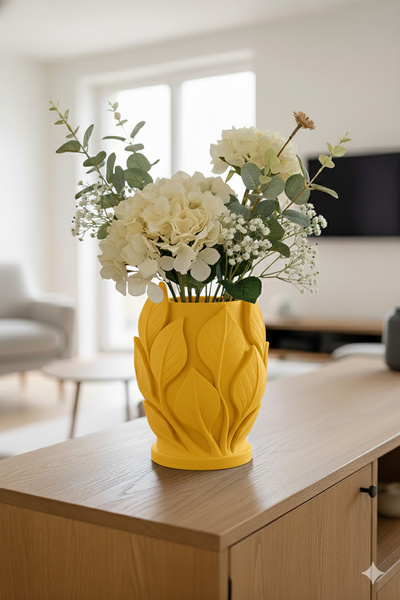 MEK Vază modernă din plastic cu textura frunze galbenă (20x16cm)