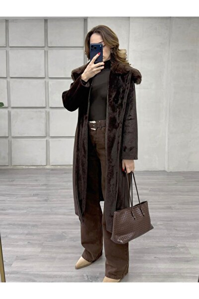 Coral 7961 Yakası Peluşlu Kürk Kaban Koyu Kahve