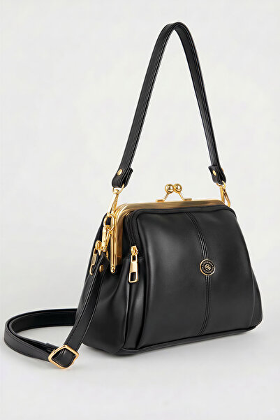 Lifonbag Geantă de mână și de umăr neagră pentru femei, cu 4 compartimente, căptușită, cu închidere cu fermoar și 2 bretele (24x18 CM)