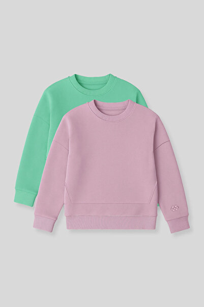 TOMMY LIFE Oversıze 2li Paket Gül Kurusu-Su Yeşili Kız Çocuk Sweatshirt - 75150