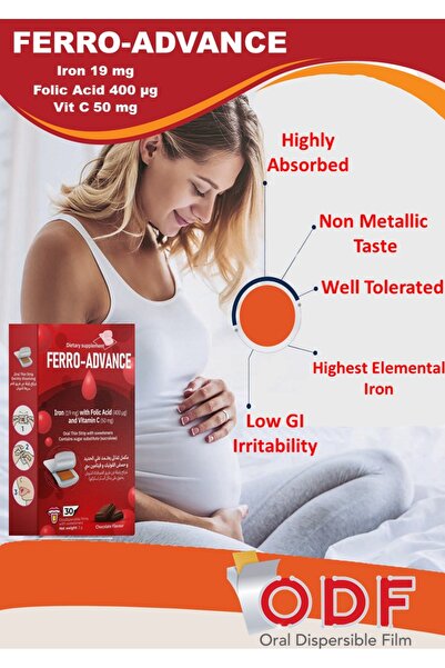 Vitabiotics Ferro Advance - 30 Chocolate Flavored Tongue Strips, a dietary supplement containing iron, folic acid, and vitamin C.