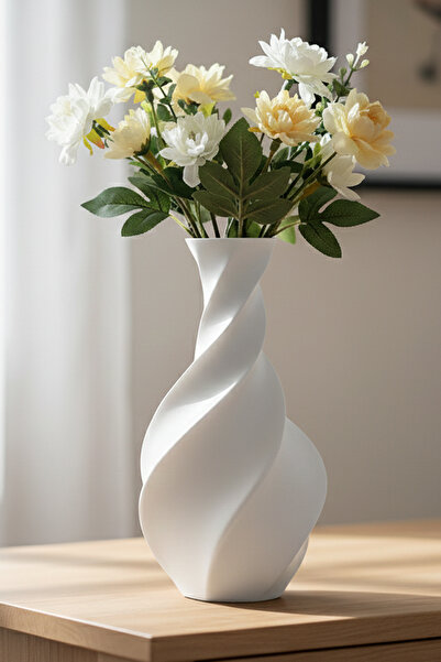 MEK مزهرية بلاستيكية مزخرفة أنيقة بنمط حلزوني باللون الأبيض (21 × 11 سم)