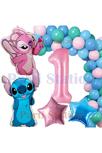 Parti Station Lilo Stitch Balon ve Angel 1 Yaş Doğum Günü Parti Seti Pembe Ra...