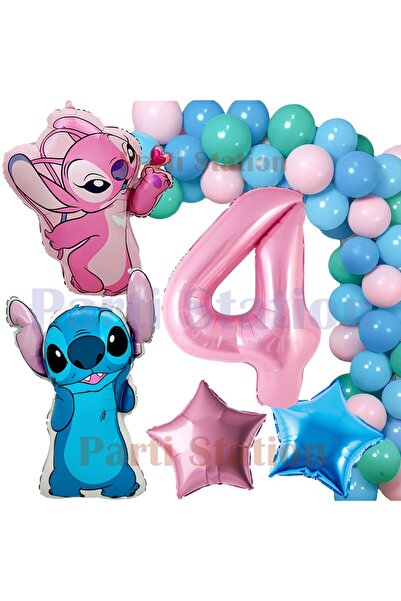 Parti Station Lilo Stitch Balon ve Angel 4 Yaş Doğum Günü Parti Seti Pembe Ra...