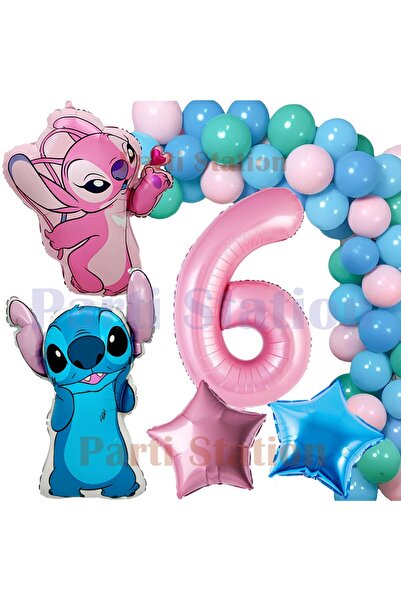 Parti Station Lilo Stitch Balon ve Angel 6 Yaş Doğum Günü Parti Seti Pembe Ra...