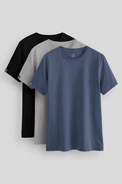 TOMMY LIFE Standard Fit Basic O Neck 3-Pack Black-Petrol-Stone Men's T-Shirt - 87911