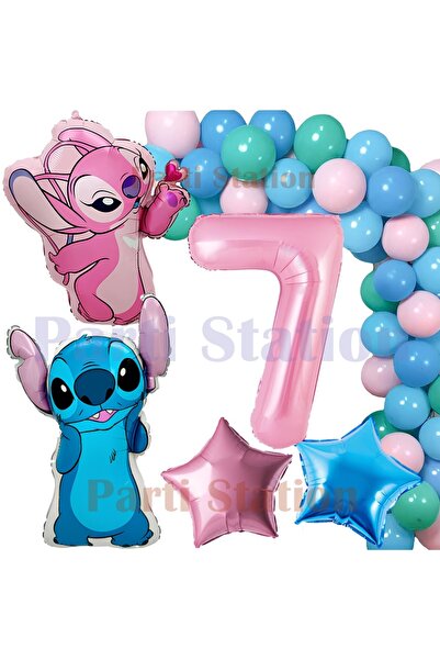 Parti Station Lilo Stitch ve Angel 7 Yaş Doğum Günü Parti Seti Pembe Rakam ve...