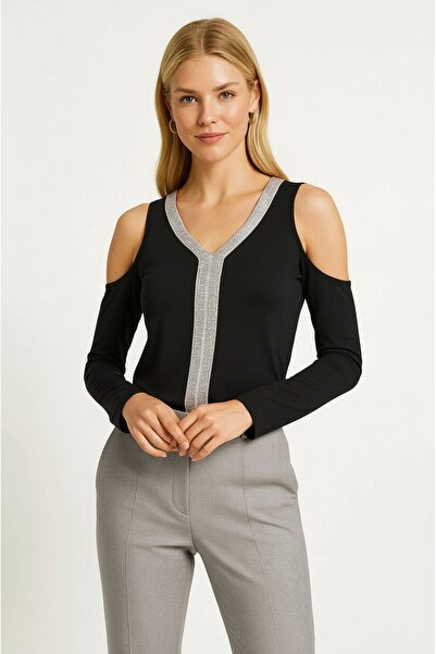 MAMAYAGA Women's V-Neck Front Glitter Stripe Off-The-Shoulder Long Sleeve Viscose Sporty Stylish Plus Size Curve Blouse