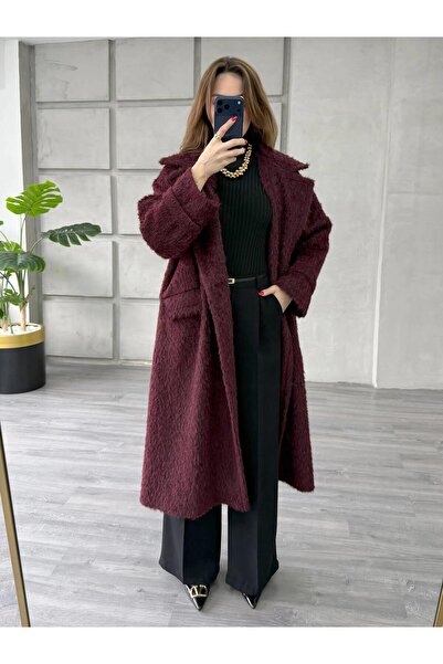 Coral 70041 Tek Düğmeli Geniş Kürk Kaban Bordo