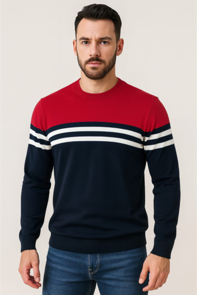 ANATOLIATEKSTILE Men's round neck sweater – Premium knit, contrasting stripes