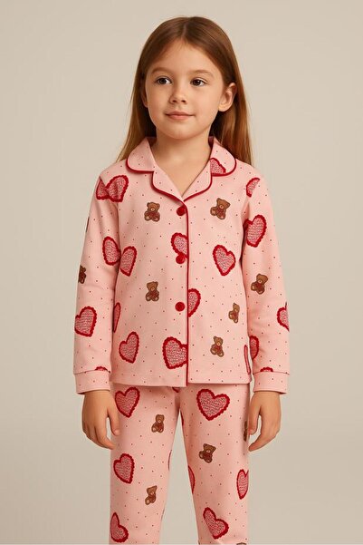 BONY SOCKS Розов пижамен комплект с мотив на мече с дизайн за момичета във формата на сърце
