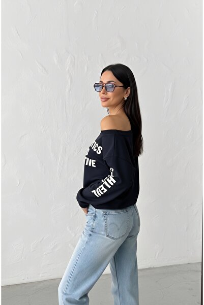 Crep Tekstil Düşük Kol Yazılı Sweatshirts