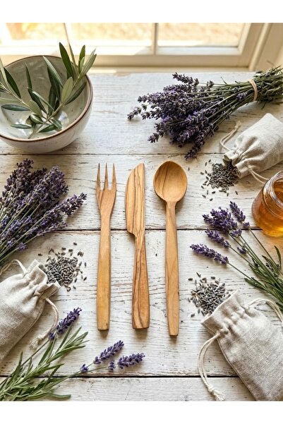 Home Natural Wood 3-Piece Presentation Set - Spoon Fork Knife - Rustic Breakf...