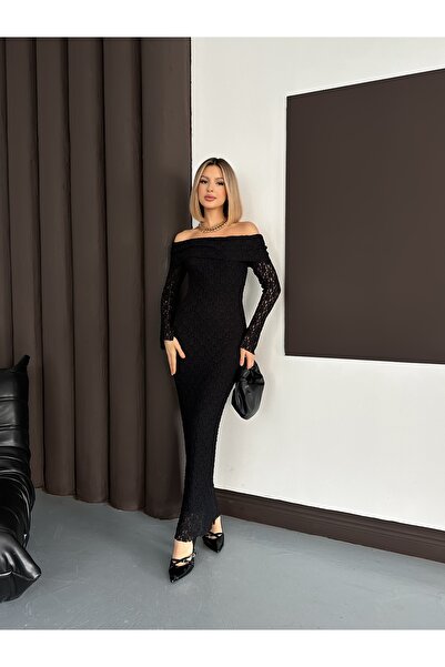 LE CARAMBOLE Women's Black Madonna Collar Long Lace Dress