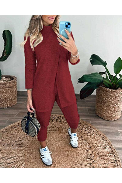 Wear Up Women's Long Sleeve Turtleneck Front Buttoned Blouse and Trousers Yumoş Double Set