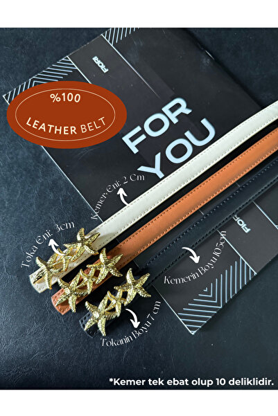 Fiori Genuine Leather Curved Star Buckle Women's Belt, Jacket Belt, Shirt Belt, Dress Belt