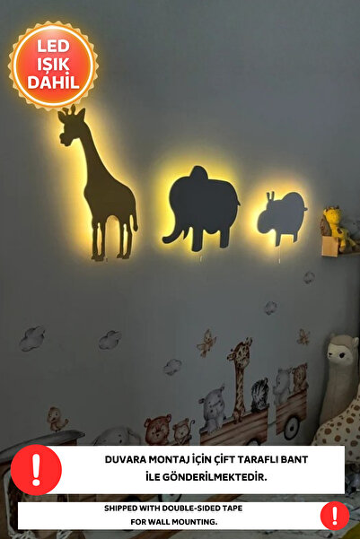 Dekorvin 3lü Set Animal Led Işık Gece Lambası Bebek Çocuk Odası Duvar Dekoras...