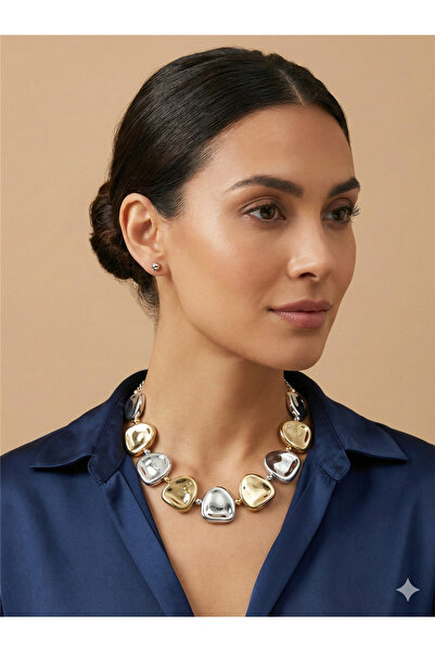 Pelin Aksesuar Çift Renkli (Gold-Gümüş) Yassı Metal Boncuklu Modern Kolye