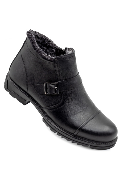Caldor Strap Genuine Leather Furry Zippered Buckle Detailed Winter Black Casual Men's Boots