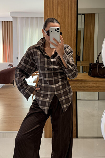 My Blog Cămașă în carouri maro cu detaliu de legare - 25250