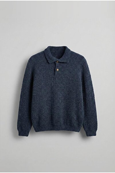 ablukaonline Men's Relax Fit Buttoned Textured Sweater Navy Blue