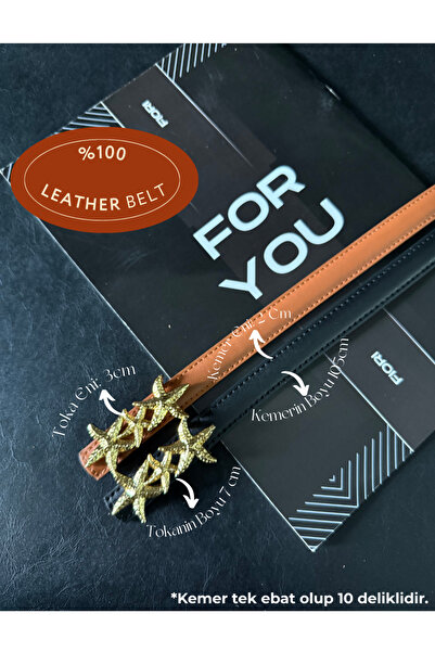 Fiori Genuine Leather Curved Star Buckle Women's Belt, Jacket Belt, Shirt Belt, Dress Belt