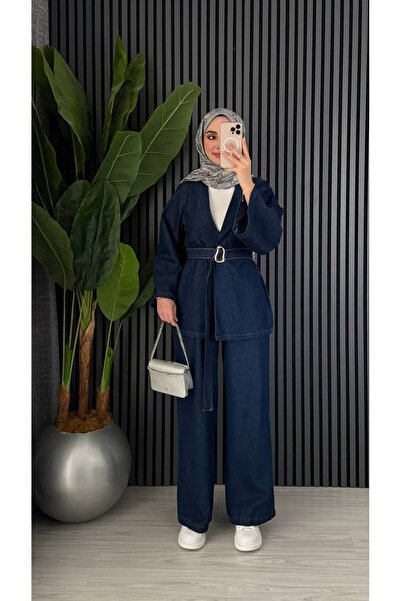 AFA COLLECTION Women's Denim Belt Detailed Pants Jacket Set - Hijab Denim Set...