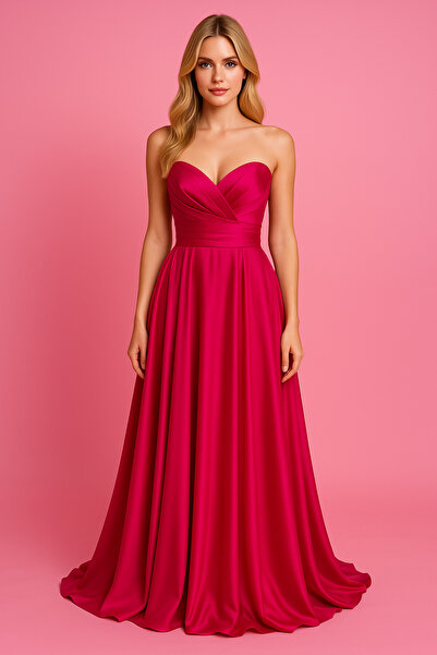 Hüseyin Baştürk Fușya Straplez Drapeli Saten Abiye