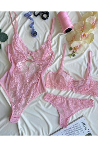 İNKO İÇ GİYİM New Year's Gift Underwire Cupless Tulle Detailed Bra Set & Bodysuit (Bra Thong)