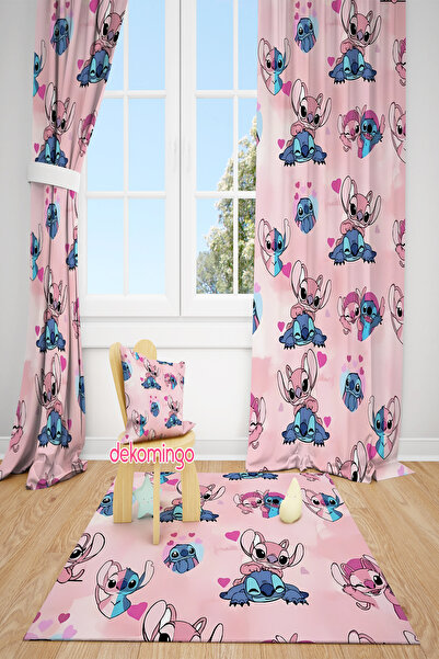 dekomingo Pink Background Lillo and Stitch Patterned 2-Wing Background Curtain