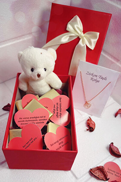 ozbience Sevgililer Günü Zirkon Taşlı Kolye, Çikolata ve Ayıcık Kutusu Seti