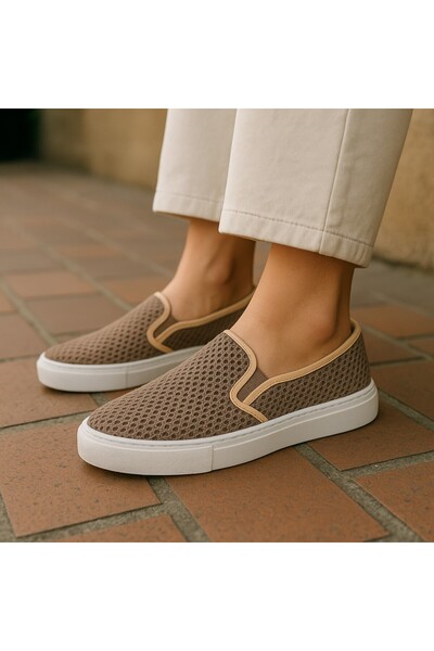 SAVETTE حذاء صيفي كاجوال من الكتان الشبكي باللون البني الفاتح